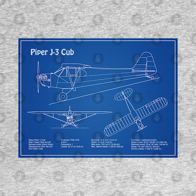 Piper J-3 Cub - Airplane Blueprint - AD by SPJE Illustration Photography